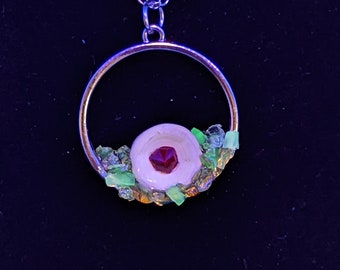 Handmade Bone & Lab Ruby Pendant: UV Reactive Crystal Oddity Necklace
