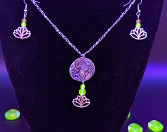 Uranium Glass Necklace and Earring Set: Lotus Flower, UV Reactive Jewelry