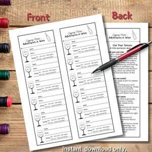 Feuille de pointage de dégustation de vins à téléchargement immédiat, dégustation de vins, feuille d'évaluation des vins imprimable, dégustation de vins avec des amis, 2 cartes de 23 x 11 po.