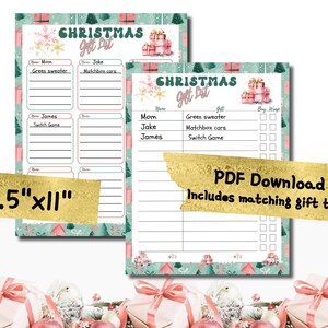 Puede incluir: Lista de regalos de Navidad imprimible con un diseño de acuarela verde y rosa. La lista incluye espacios para nombres, regalos y una casilla de verificación para envolver. El texto "Descarga PDF Incluye etiquetas de regalo a juego" está en la parte inferior de la página.