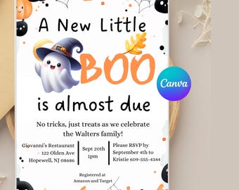 Kit de fête prénatale d'Halloween | Invitations Petit Fantôme | Modèles Canva