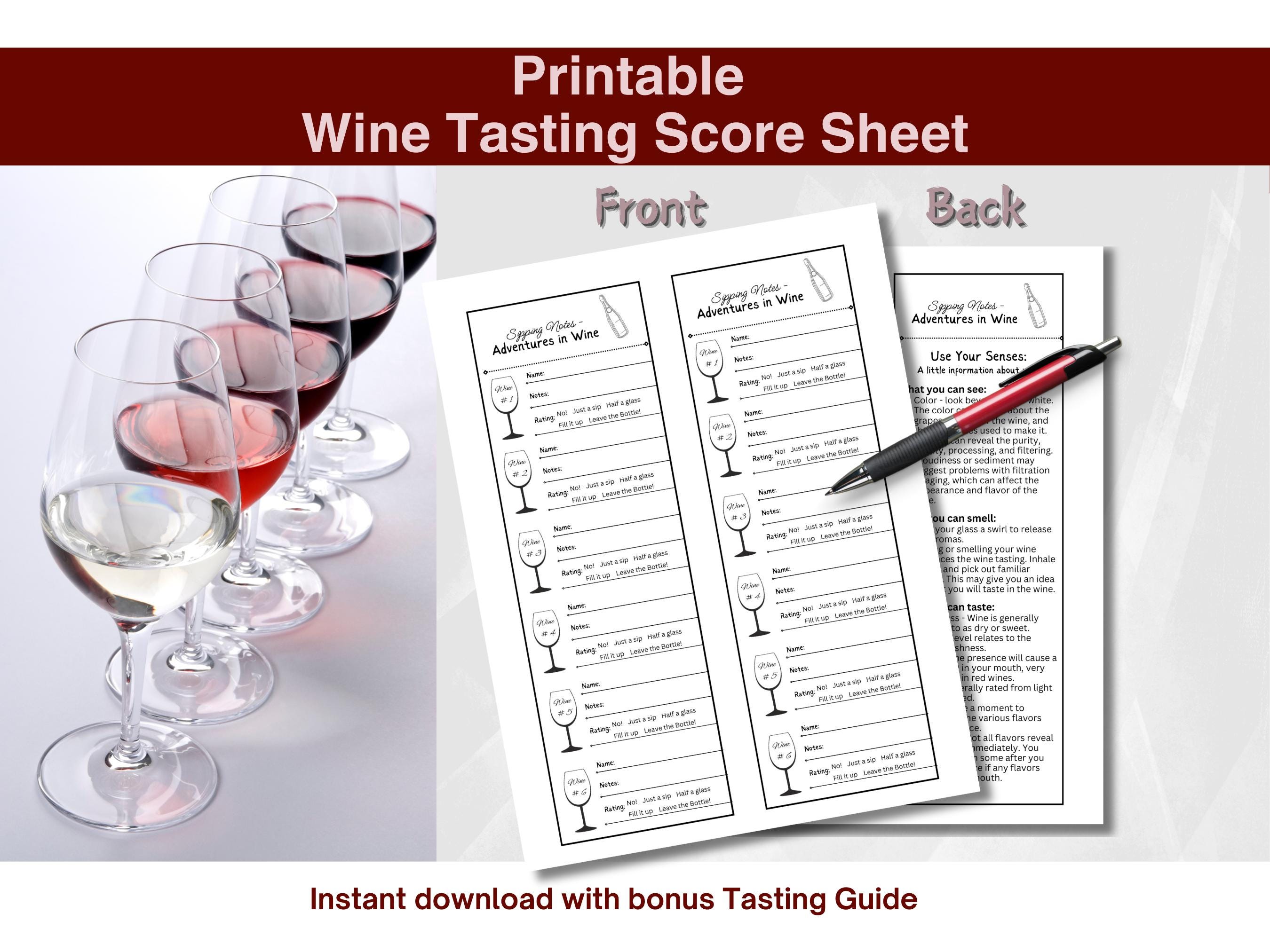 Wine Tasting Score Card: Printable Rating Sheet (PDF Download 8.5"x11 ...