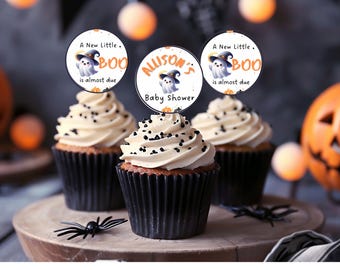 Little Boo Baby Shower Cupcake Toppers: Halloween Theme (Printable, Editable in Canva)