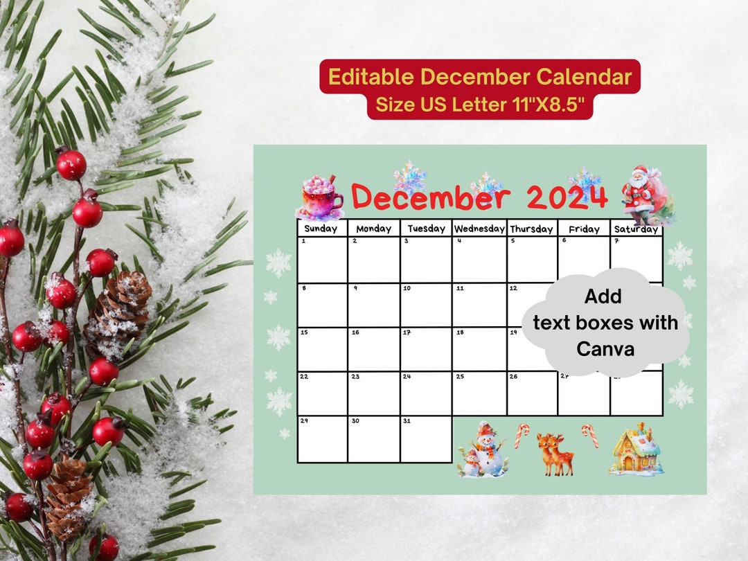 EDITABLE December Calendar 2024, Christmas Themed Calendar, Homeschool