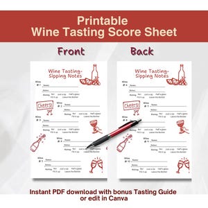 Wine Tasting Score Card: Editable Canva Template, Wine Party Game (PDF Printable Download