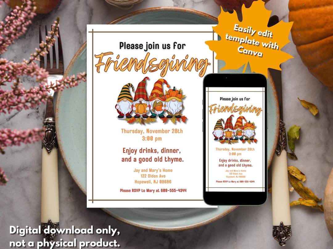 Editable Friendsgiving Invitation Template Simple Thanksgiving Evite
