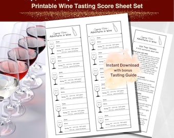 May include: A printable wine tasting score sheet set titled Sip, Rate, Repeat featuring columns for wine names, notes, and ratings with wine glass icons. The sheets include a tasting guide and are displayed alongside several wine glasses.