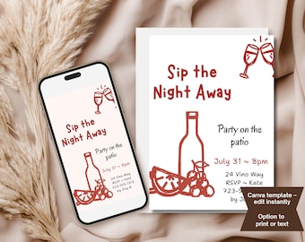 Op de afbeelding: Een uitnodiging en een smartphonescherm tonen de tekst "Sip the Night Away" met illustraties over wijn. De uitnodiging bevat feestdetails: 31 juli, 20.00 uur en RSVP-informatie. Het ontwerp is in rood en wit.