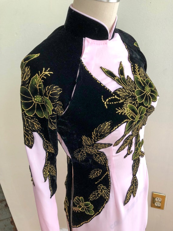 Vintage Qipao Cheongsam Mandarin Collar Pink & Bla