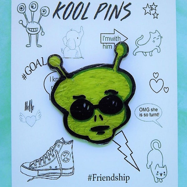 Green Alien Face /Shrinky Dink/ Lapel Pin/ Brooch/ Drawn with black sharpie and acrylic paint diamond glaze sealant