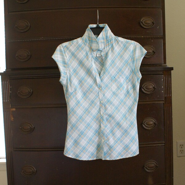 Blue plaid summer blouse - cotton blouse - cotton top - sleeveless top - ladies junior small medium top