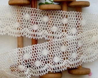 Antique French lace of beige ecru linen cotton and 50mm - 2inch width, lovely vintage border trim