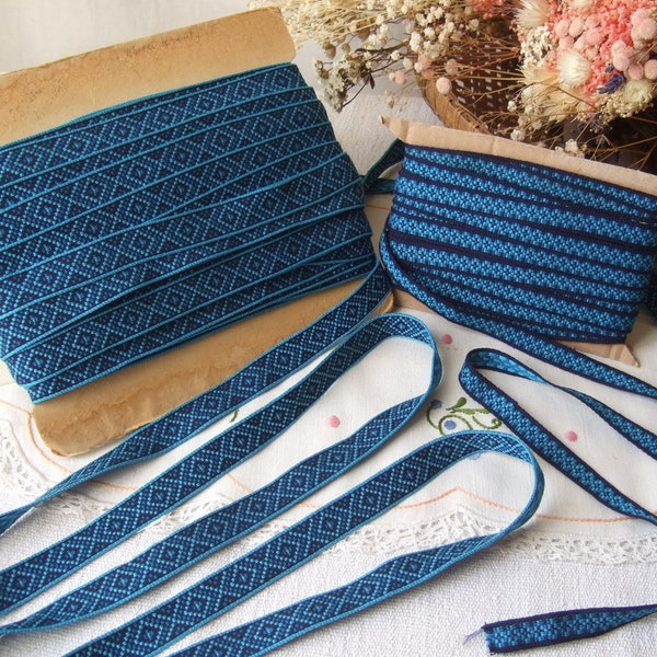 Galon ancien bleu de passementerie vintage turquoise et marine géométrique, hauteur 15mm ou 20mm, vendu au mètre