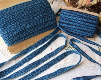 French vintage blue braid in turquoise and navy blue tones, woven passementerie geometric trimmings, 15-20mm  1/2 3/4 in, sold by the meter