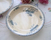 French antique bowl platter, Sarreguemines blue transferware, vintage serving plate, botanical Royat flower, 1900 sepia tea ironstone dish