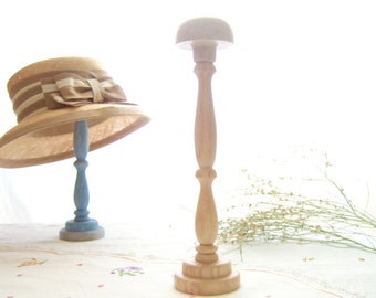 One wood hat stand, retro French hat holder, raw turned wood hat rack, millinery haberdashery, elegant rustic hat display, shabby wabi-sabi