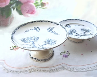 Antikes Set aus einer französischen blauen Transferware-Kompottschale und einem floralen Tortenständer, Luneville Oeillet
