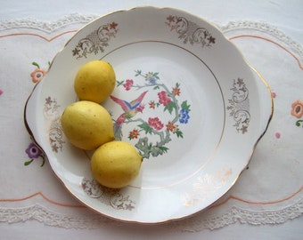 French vintage platter with colorful bird and flower and gold rim, a large ironstone serving plate dish, stamped Luneville KG France