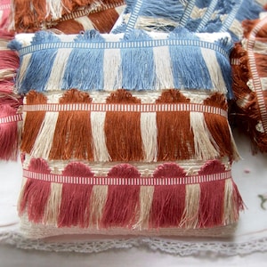 Large Vintage Trim, French Edge Fringe Braid, Cream and Blue or Red or Brown, Sold by the Meter