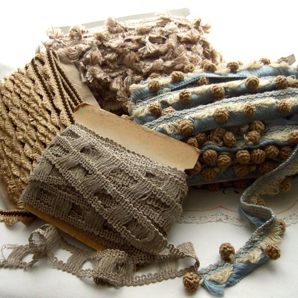 Galon vintage, vendu au mètre, fabrication française, beige bleu marron, passementerie pompon feston lin Puy en Velay, décoration intérieure