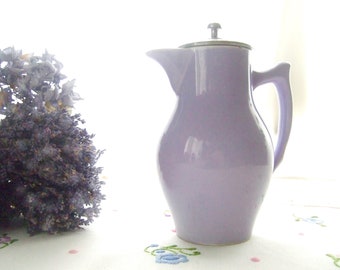 French vintage lavender pitcher jug with a silver strainer lid, Sarreguemines Digoin France