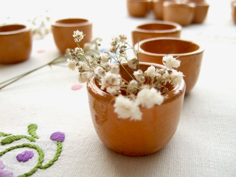 Small terracotta pots, set of 7 French vintage snail cups, antique stoneware earthenware escargot ceramic from France, primitive & rustic image 6