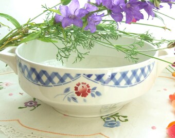 Antique French tureen soupiere with blue and red flower transferware,  K & G Luneville HENRI ironstone bowl, farmhouse country home, 1930