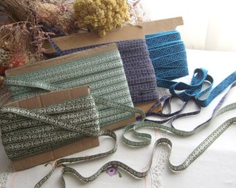 French Vintage Braid, Geometric Jacquard Woven Blue or Green Passementerie Trim, sold by the meter