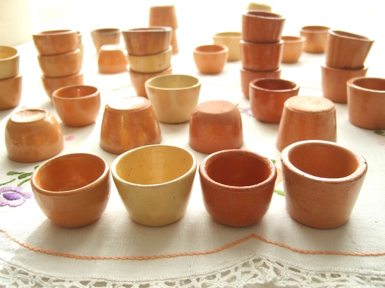 Small terracotta pots, set of 7 French vintage snail cups, antique stoneware earthenware escargot ceramic from France, primitive & rustic image 1