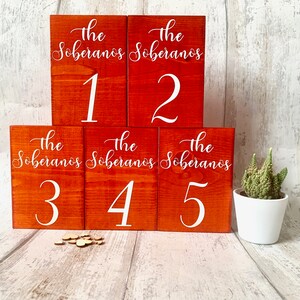 May include: Five red wooden blocks with white text. Each block has the text "The Soberanos" and a number from 1 to 5.