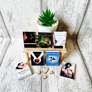 May include: A collection of miniature books on a wooden shelf, including titles such as "Harry Potter", "Pride and Prejudice", "Twilight", and "Mockingjay". There are also four small wooden hearts and a book titled "My Best Friend, the Billionaire" by Serenity Woods.