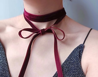 Burgundy Red Bow Velvet Choker Necklace, Long tie ribbons, women girlfriend fashionable gift, Boho vintage necktie scarf minimalist trend