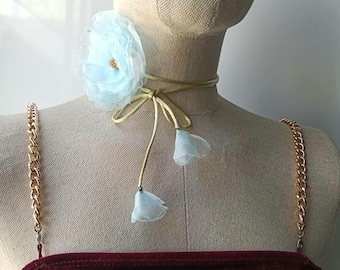 Organza Flower choker necklace. Handmade small baby blue brown rose wrap cords choker. Women floral fairy accesories. Vintage boho jewelry