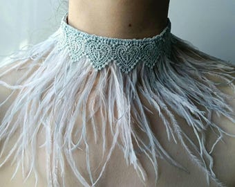 Reversible 2 in 1 choker. Baby Blue White lace with feathers. Women long fringe ostrich feathers collar necklace, Fairy Queen Lolita Cosplay