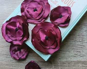 6 pcs burgundy red satin flowers applique dress, headband. Handmade fabric rose for embellish, vintage wedding pack diy patch sew on clothes