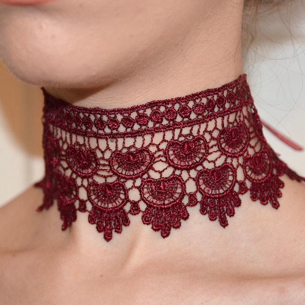 Romantic lace choker, Fashion simple necklace, Adjustable collar, Women girls boho gift, Cherry Red burgundy royal blue white, Vintage style