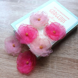 Set 3 pcs flowers applique for dresses scrapbooking. Handmade embellish pink organza peony, vintage wedding pack diy patch sew on clothes