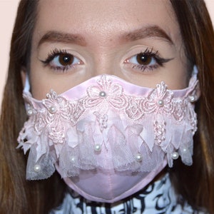 Lolita style face mask/ fancy pink or beige taffeta mask embellished with lace flowers and pearls tulle trim / fashion girls woman teen