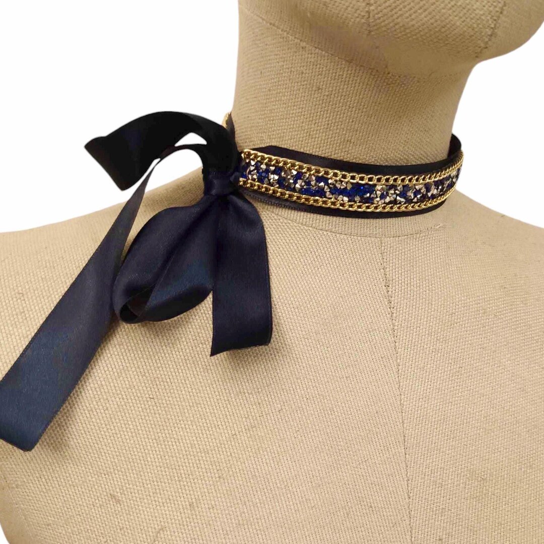 Navy Blue Bow Rhinestone Choker Necklace, Satin Long Tie Ribbons, Women ...