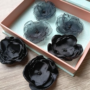 Set 3 pcs black flowers applique for dresses scrapbooking. Handmade embellish satin organza fabric, vintage pack diy patch sew on clothes