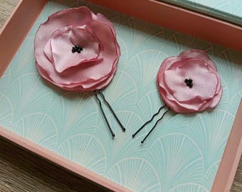 Pink satin fabric flower hair pin, Wedding rose hair pin, Handmade tiny small floral hair pin, For women girl bridemaids prom fairy boho