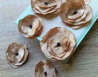 6 pcs golden beige satin flowers applique dress, headband. Handmade fabric rose for embellish, vintage wedding pack diy patch sew on clothes