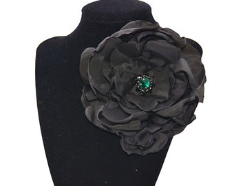 Large silky black flower brooch, Handmade and unique flower with green crystals, Elegant fabric flower brooch, For Mother women vintage gift