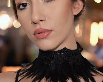 Luxury Black feathers and lace choker Women girl gothic collar necklace One size adjustable Victorian vintage Costume party mom jewelry gift