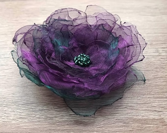 Deep purple peony flower brooch. Handmade burned organzafabric large rose brooch. Mother Women oversized brooch. Boho wedding event jewelry