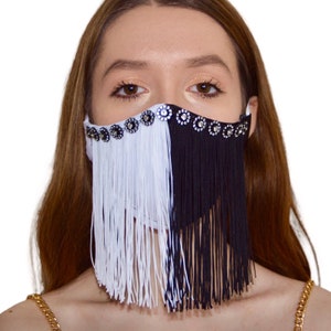 Half black and white face mask, Fashion taffeta cotton mask with fringe, Silky mask with split fringe Trend cover for girls women teen party image 1