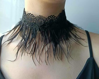 Fashion black feathers lace choker, Fringe ostrich feathers necklace, Women girlfriend cosplay costume collar adjustable