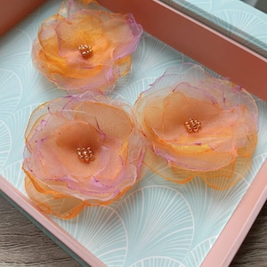 Set 3 flowers applique for dresses scrapbooking. Handmade embellish pastel green gray organza, vintage wedding pack diy patch sew on clothes