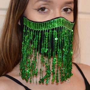 Green sequins fringe on black cotton face mask, Quality fabric reusable, Women girlfriend party fashion accessories Bling holographic tassel