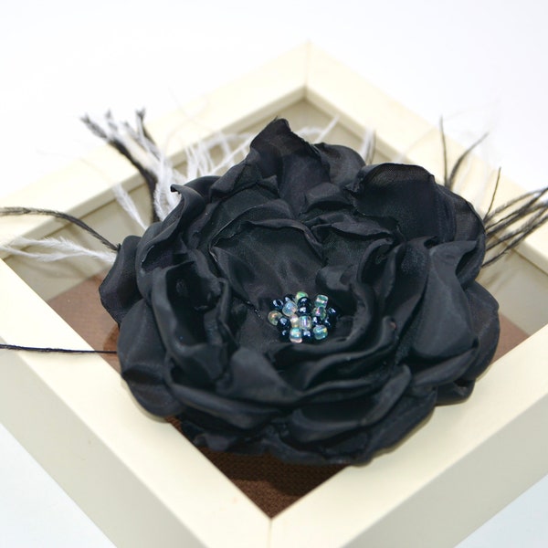 Luxury large flower brooch or hair pin. Handmade satin 3d rosette with feathers. Romantic fascinator flower brooch. Gothic women gift